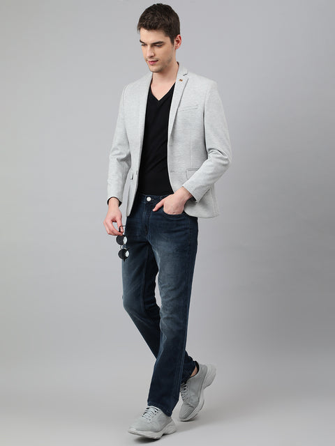 Men Grey Regular Fit Solid Notched Lapel Casual Blazer