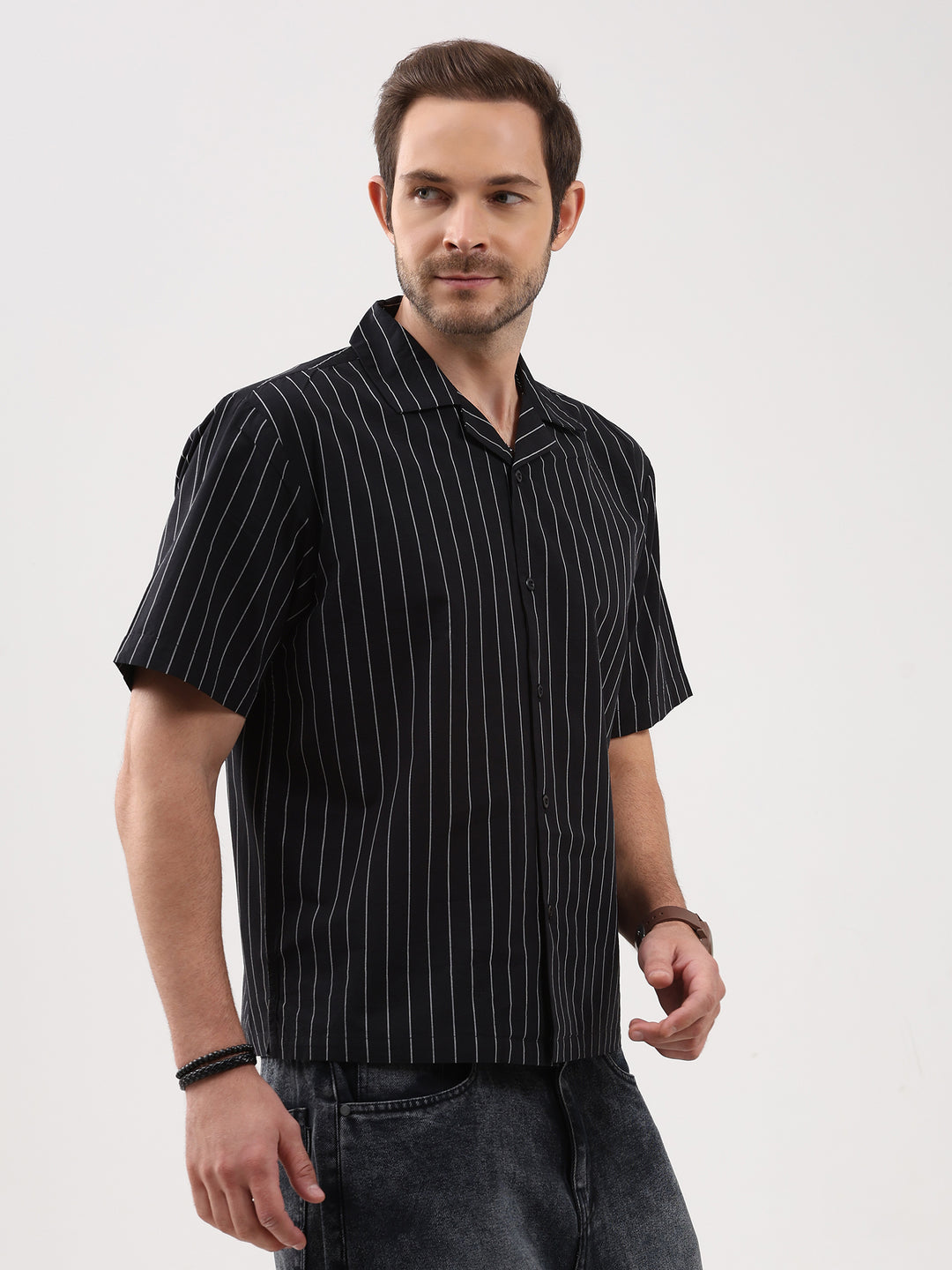 Men's Black Stripe Cuban Collar Half Sleeve Shirt-4