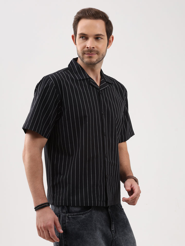 Men's Black Stripe Cuban Collar Half Sleeve Shirt-4