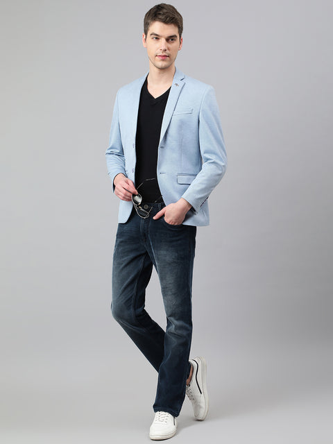 Men Sky Blue Regular Fit Solid Notched Lapel Casual Blazer