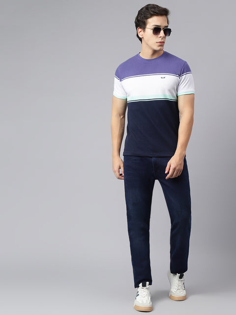 Men Navy Purple Regular Fit Color Blocked Crew Neck Casual T-Shirt