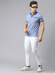 Men Blue Regular Fit Solid Polo Neck Casual T-Shirt
