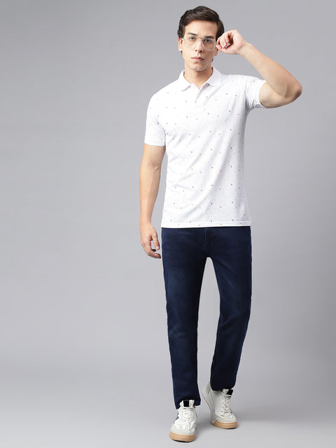 Men White Regular Fit Printed Polo Neck Casual T-Shirt
