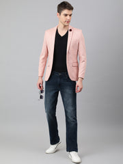 Men Peach Regular Fit Solid Notched Lapel Casual Blazer