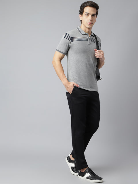 Men Grey Regular Fit Solid Polo Neck Casual T-Shirt