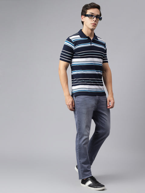 Men Navy Regular Fit Striped Polo Neck Casual T-Shirt