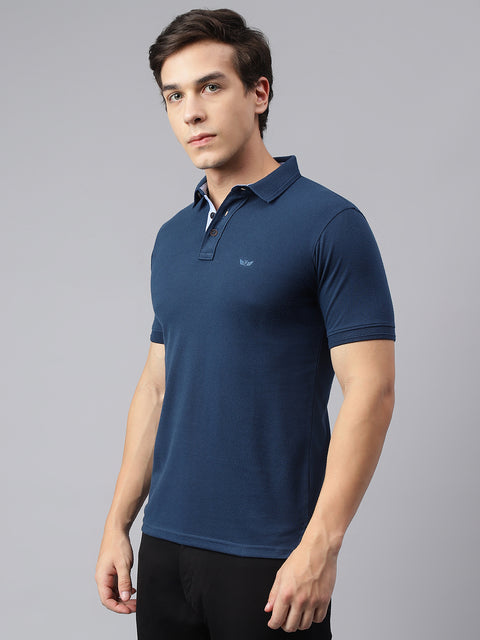 Men Turquoise Regular Fit Solid Polo Neck Casual T-Shirt