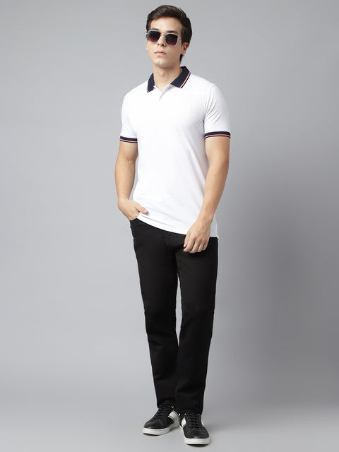 Men White Regular Fit Solid Polo Neck Casual T-Shirt