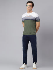 Men Olive White Regular Fit Color Blocked Crew Neck Casual T-Shirt