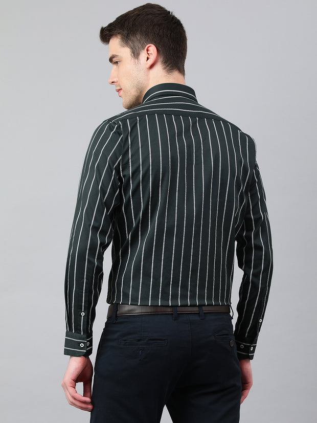 Men Dark Green Standard Fit Striped Club Wear Shirt