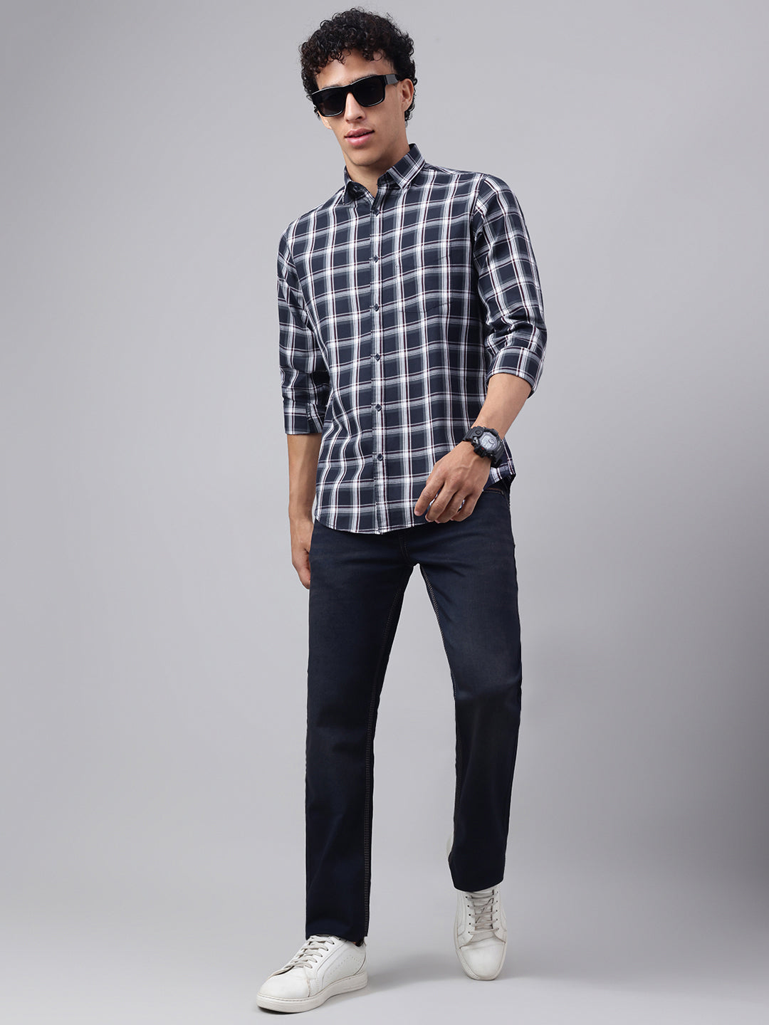 Men Navy Check Casual Shirt Classic Checks Everyday Comfort