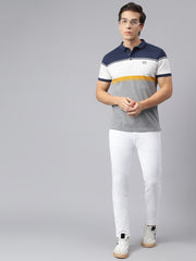 Men Grey Navy Regular Fit Color Blocked Polo Neck Casual T-Shirt