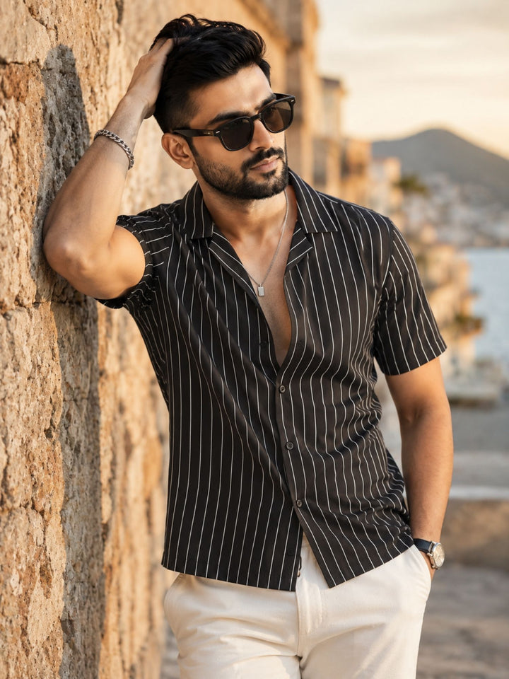 Men's Black Stripe Cuban Collar Half Sleeve Shirt