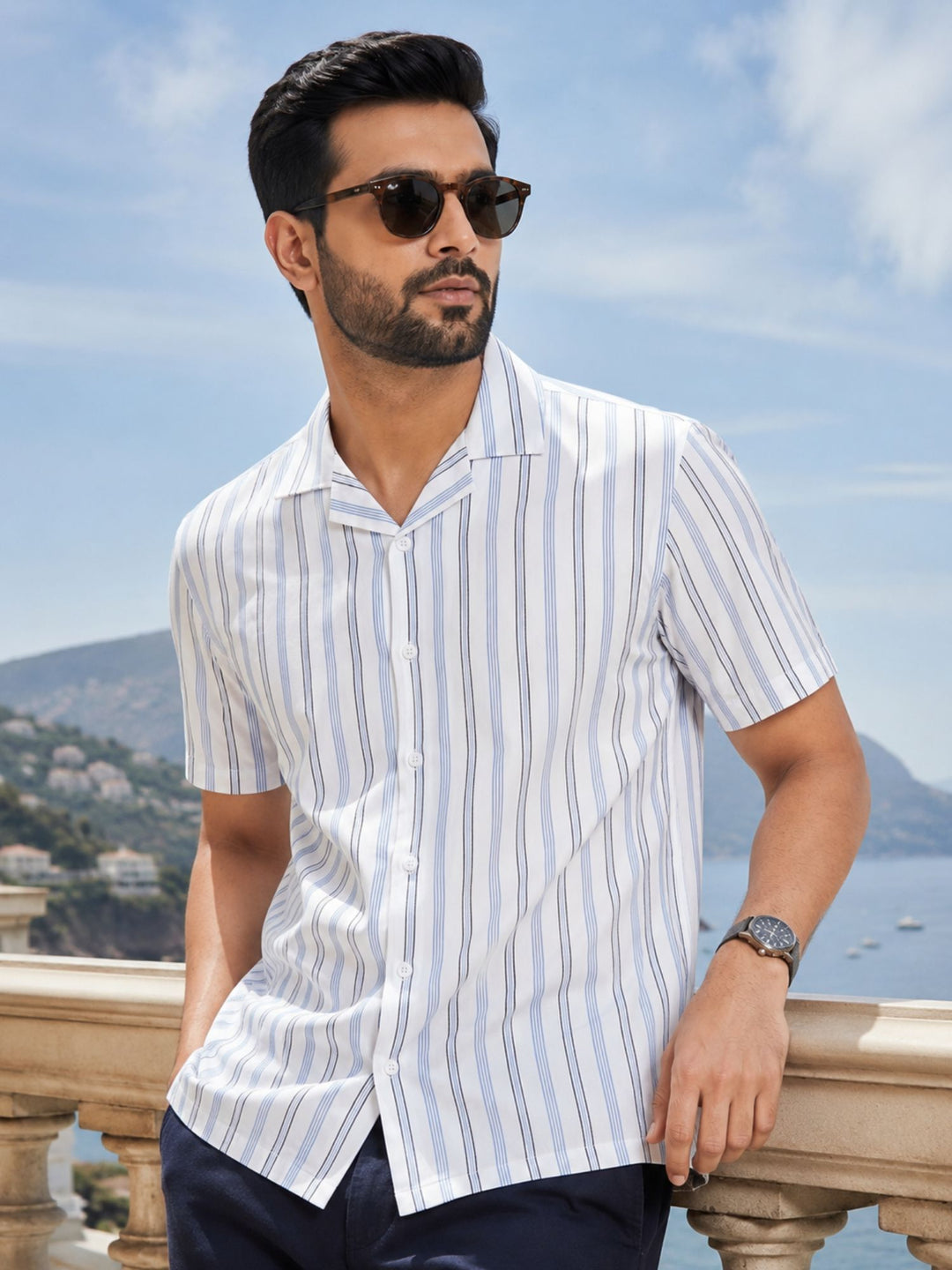 Men's White Stripe Cuban Collar Half Sleeve Shirt