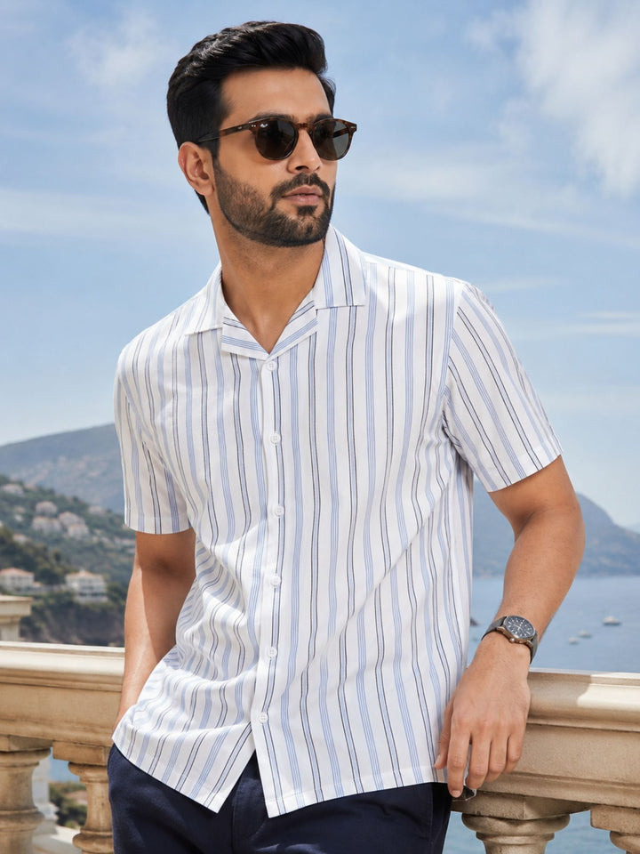 Men's White Stripe Cuban Collar Half Sleeve Shirt