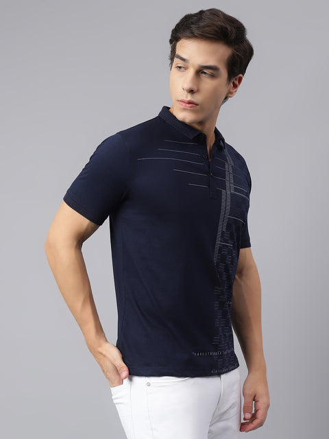 Men Navy Regular Fit Printed Polo Neck Casual T-Shirt