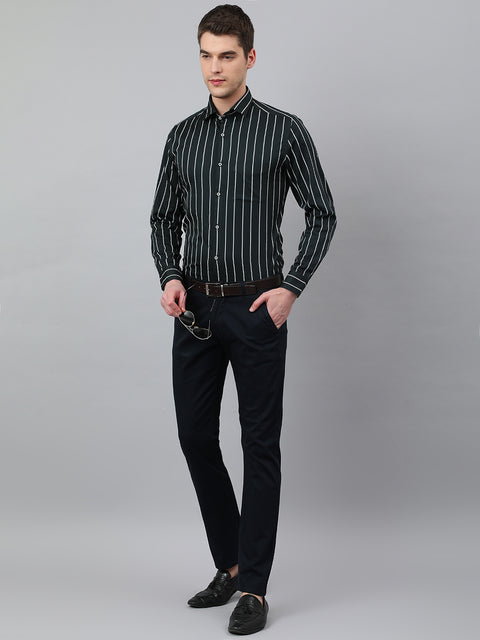 Men Dark Green Standard Fit Striped Club Wear Shirt