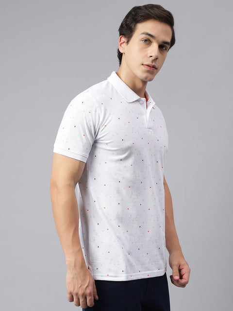 Men White Regular Fit Printed Polo Neck Casual T-Shirt