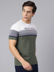 Men Olive White Regular Fit Color Blocked Crew Neck Casual T-Shirt