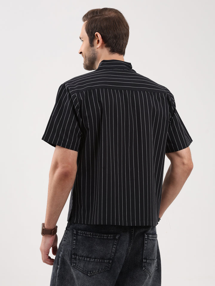 Men's Black Stripe Cuban Collar Half Sleeve Shirt-5