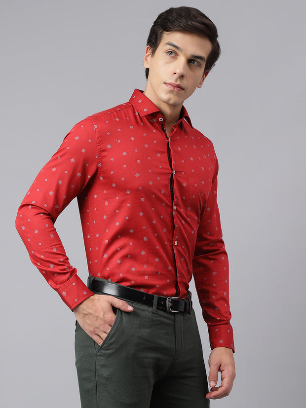 Men Red Standard Fit Printed Club Wear Shirt