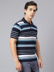 Men Navy Regular Fit Striped Polo Neck Casual T-Shirt