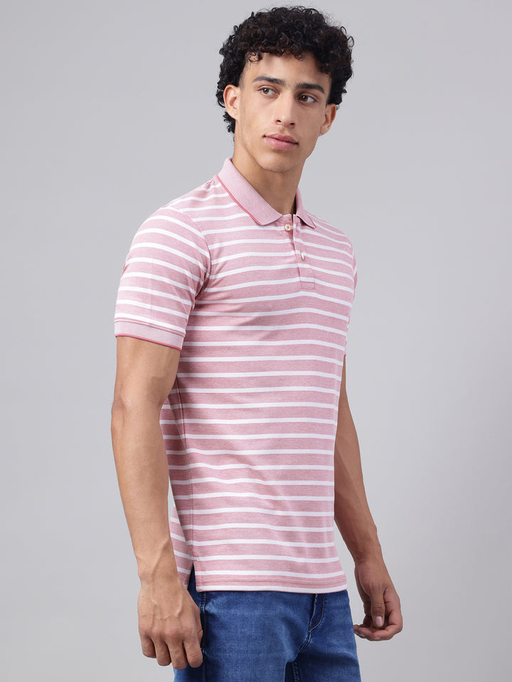 Men Pink Stripe Regular Fit Polo Neck t-shirt