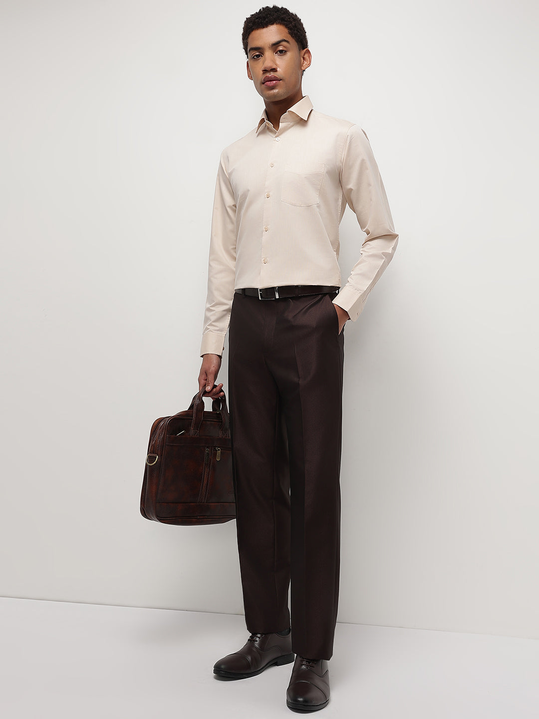 Men Beige Regular Fit Solid Formal Shirt