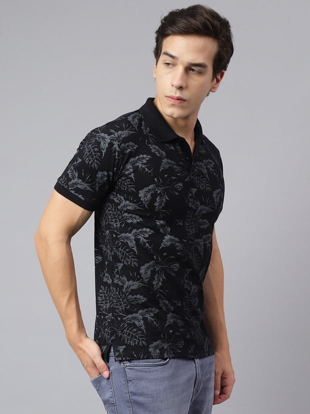 Men Black Regular Fit Printed Polo Neck Casual T-Shirt