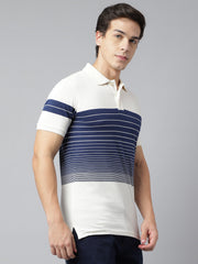 Men Off White Regular Fit Color Blocked Polo Neck Casual T-Shirt
