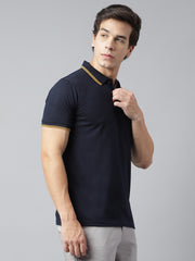 Men Navy Regular Fit Solid Polo Neck Casual T-Shirt