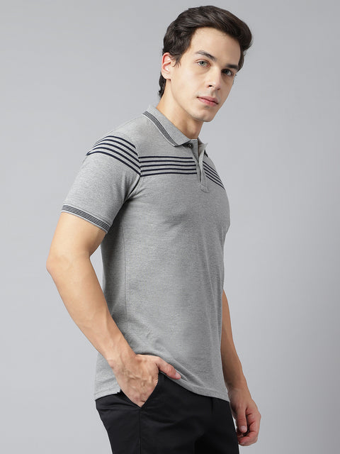 Men Grey Regular Fit Solid Polo Neck Casual T-Shirt