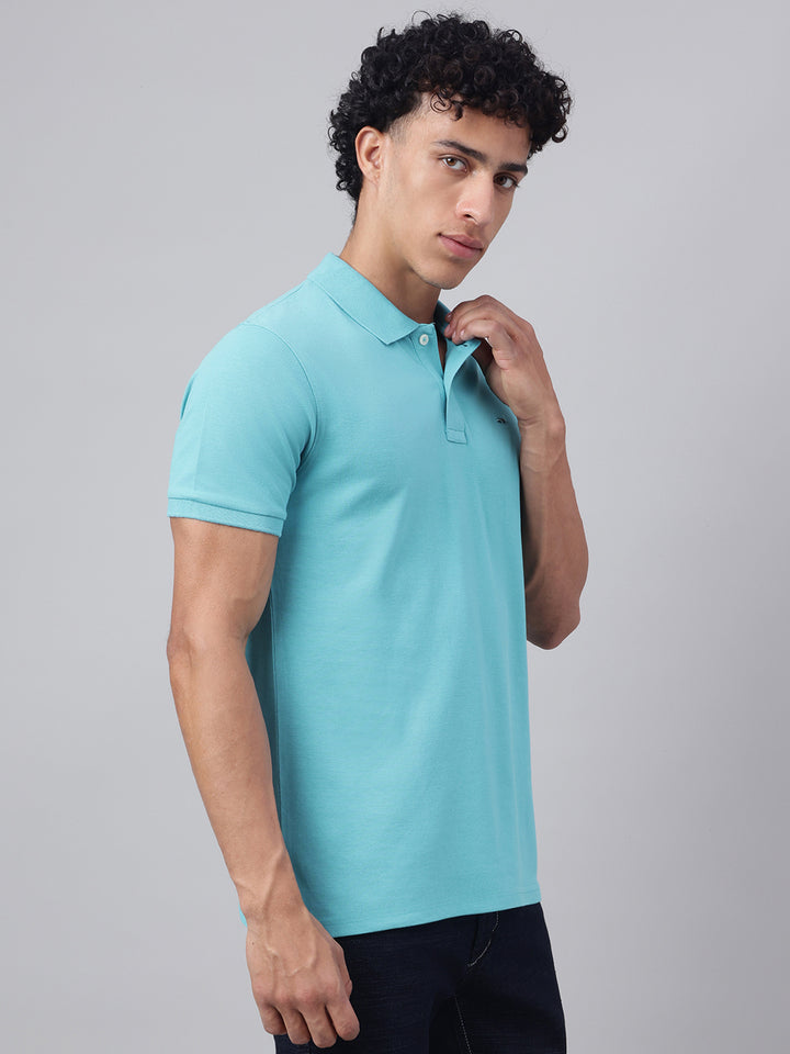 Men Sea Green Regular Fit Polo Neck t-shirt