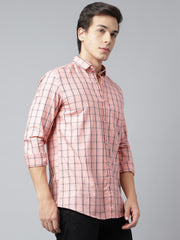 Men Peach Standard Fit Checkered Casual Shirt