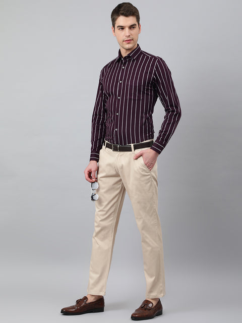 Men Wine Standard Fit Striped Club Wear Shirt