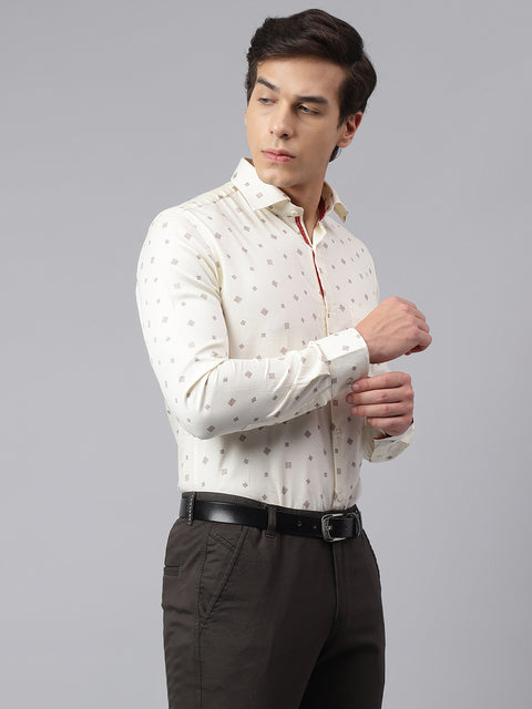 Men Cream Standard Fit Printed Club Wear Shirt