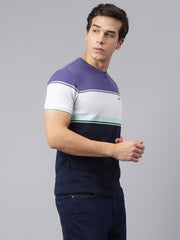 Men Navy Purple Regular Fit Color Blocked Crew Neck Casual T-Shirt