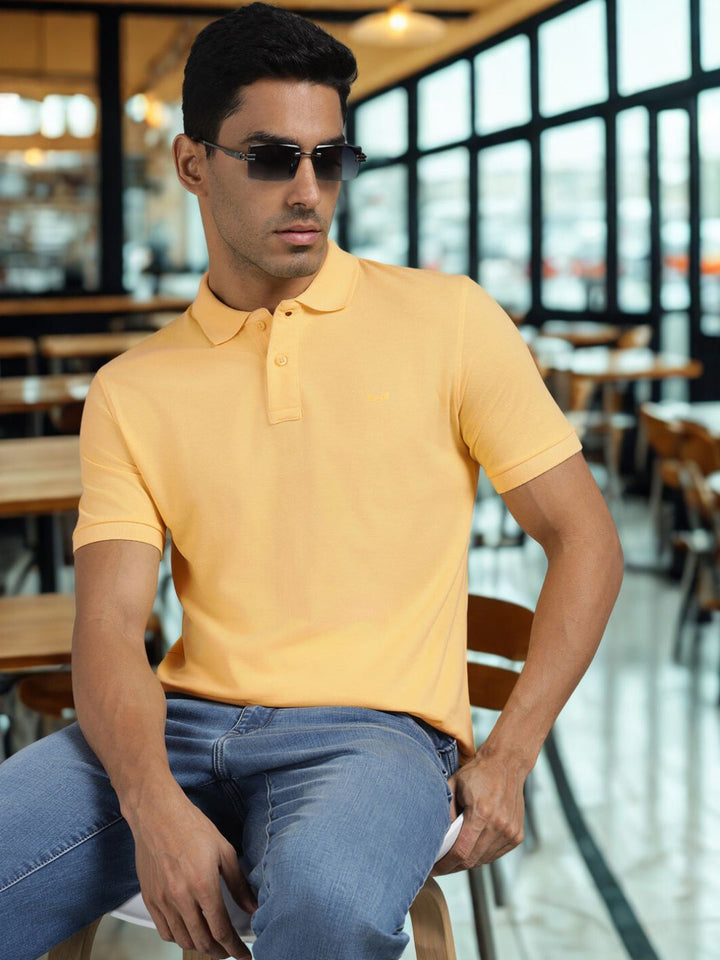 Men Yellow Regular Fit Solid Polo T-shirt
