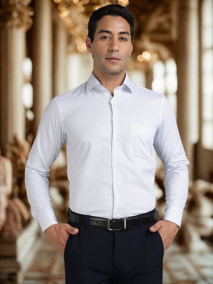 Men White Blue Check Cotton Formal Shirt