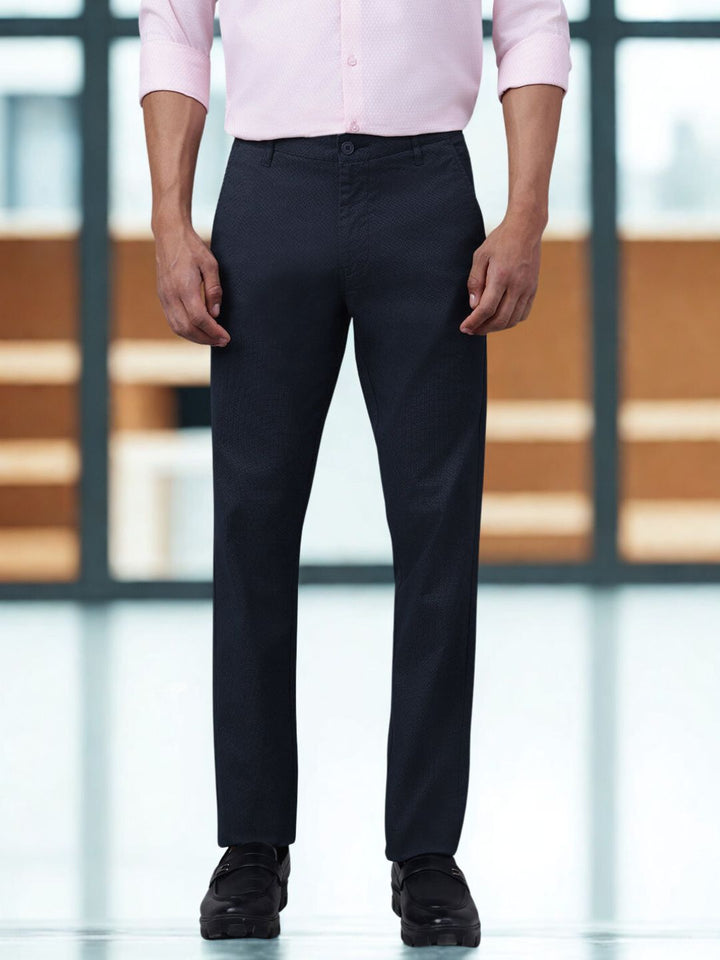Men Textured Navy Blue Formal Trousers