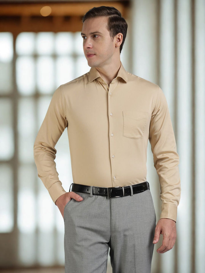 Men Solid Khaki Cotton Formal Shirt
