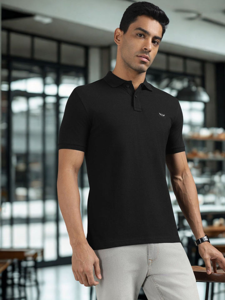 Men Black Regular Fit Solid Polo T-shirt