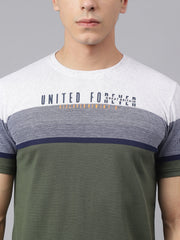 Men Olive White Regular Fit Color Blocked Crew Neck Casual T-Shirt