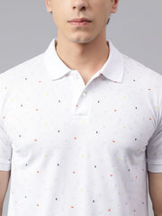 Men White Regular Fit Printed Polo Neck Casual T-Shirt