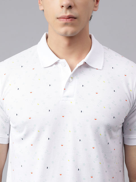 Men White Regular Fit Printed Polo Neck Casual T-Shirt