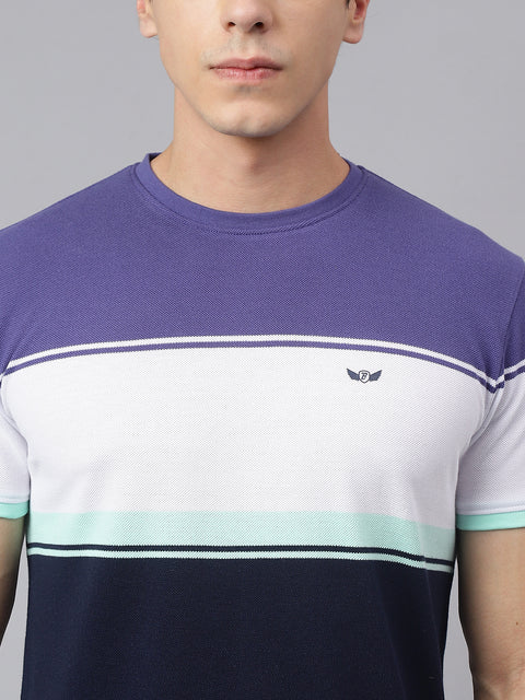 Men Navy Purple Regular Fit Color Blocked Crew Neck Casual T-Shirt