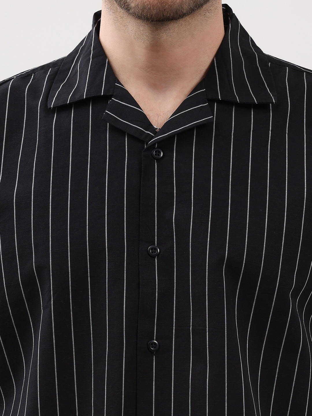 Men's Black Stripe Cuban Collar Half Sleeve Shirt-6
