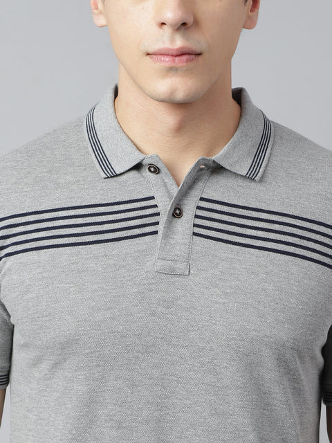 Men Grey Regular Fit Solid Polo Neck Casual T-Shirt