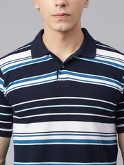 Men Navy Regular Fit Striped Polo Neck Casual T-Shirt
