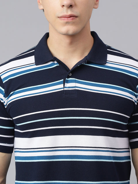 Men Navy Regular Fit Striped Polo Neck Casual T-Shirt
